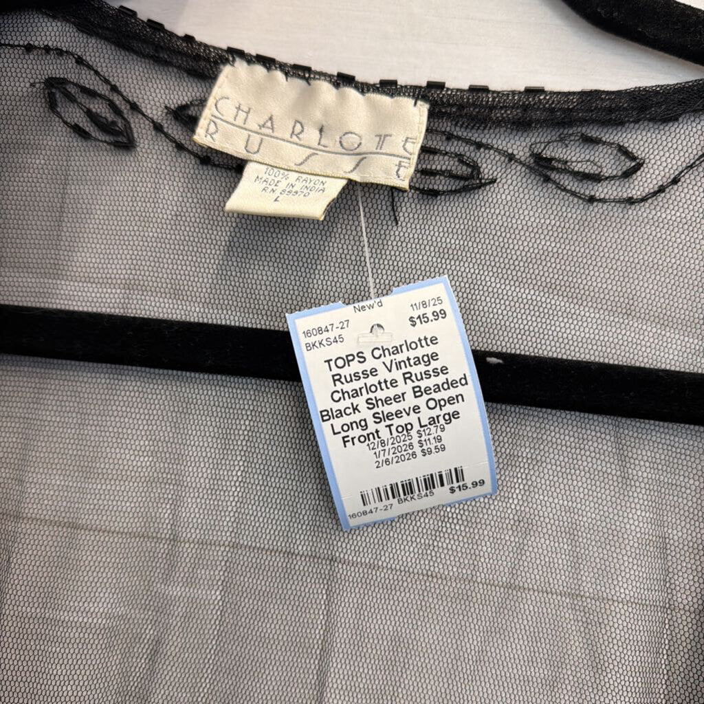 Vintage Charlotte Russe Black Sheer Beaded Long Sleeve Open Front Top Large