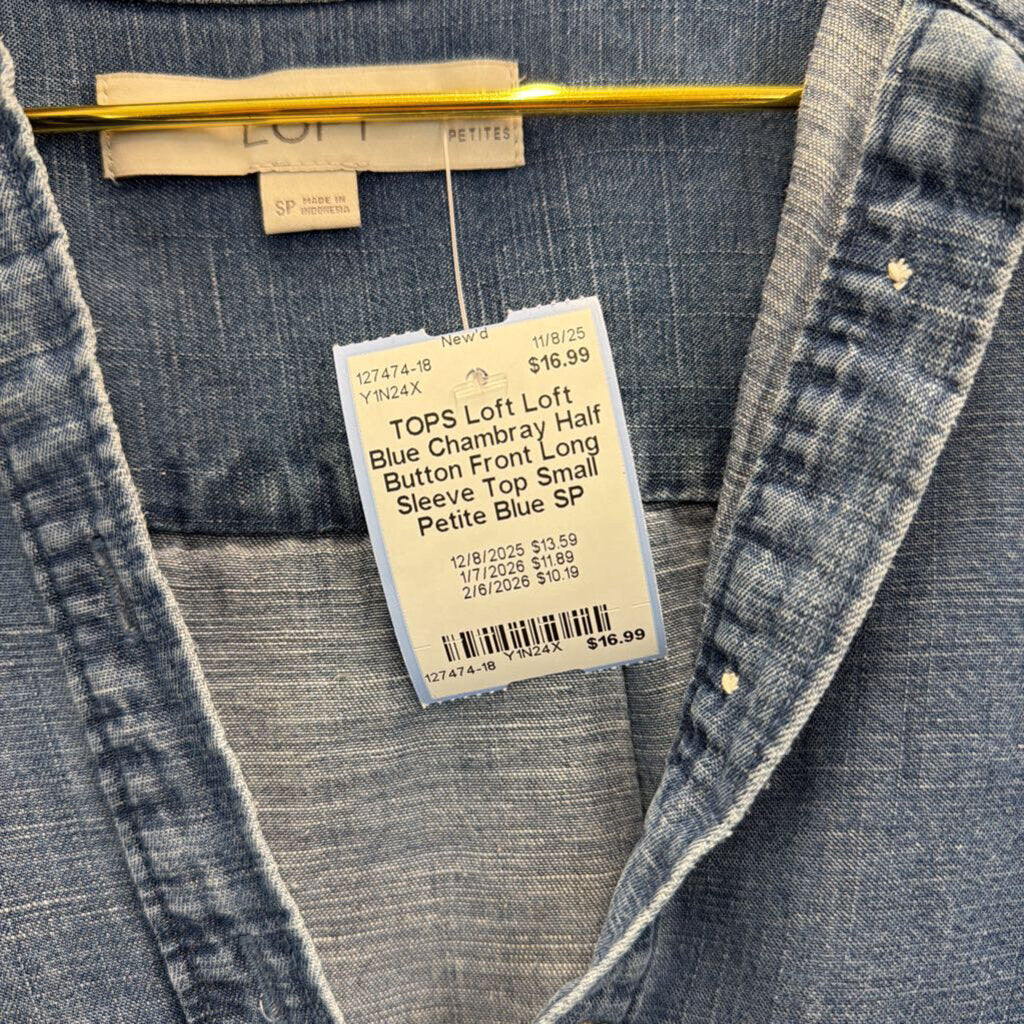 Loft Blue Chambray Half Button Front Long Sleeve Top Small Petite