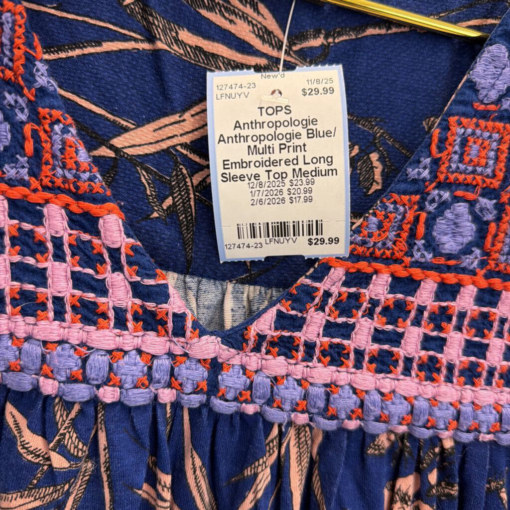 Anthropologie Blue/ Multi Print Embroidered Long Sleeve Top Medium