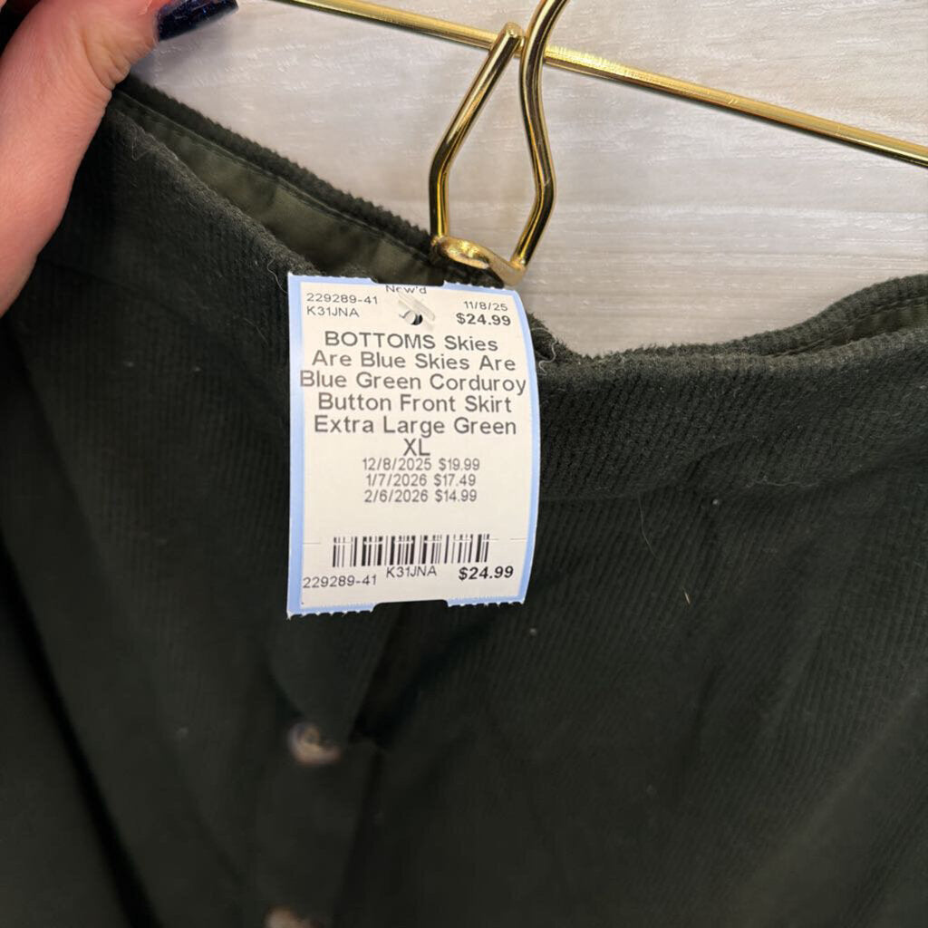Skies Are Blue Green Corduroy Button Front Skirt Extra Large