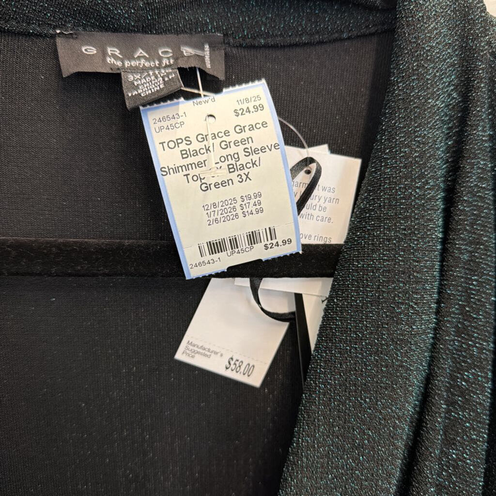 Grace Black/ Green Shimmer Long Sleeve Top 3X