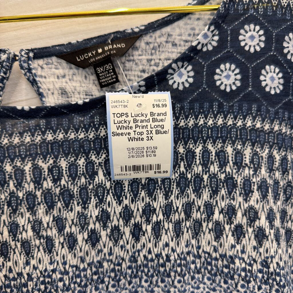 Lucky Brand Blue/ White Print Long Sleeve Top 3X