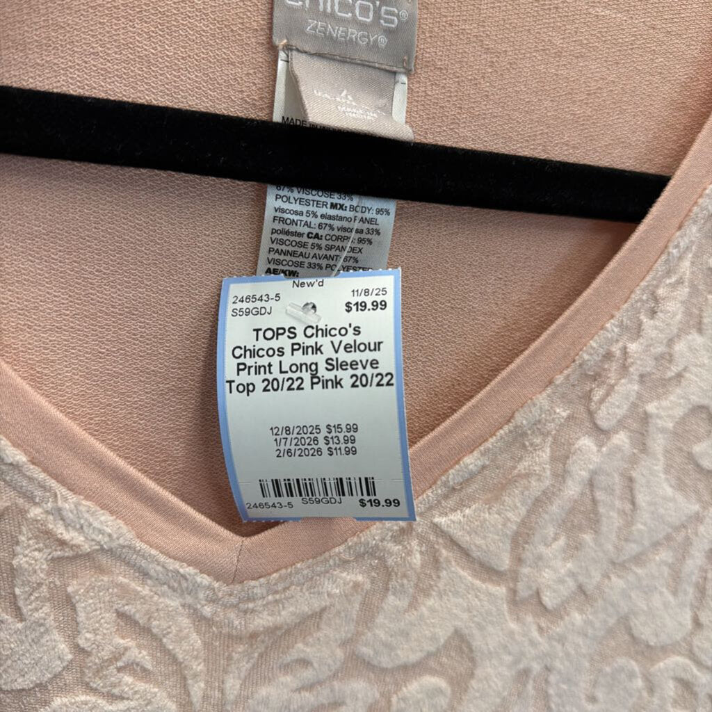 Chicos Pink Velour Print Long Sleeve Top 20/22