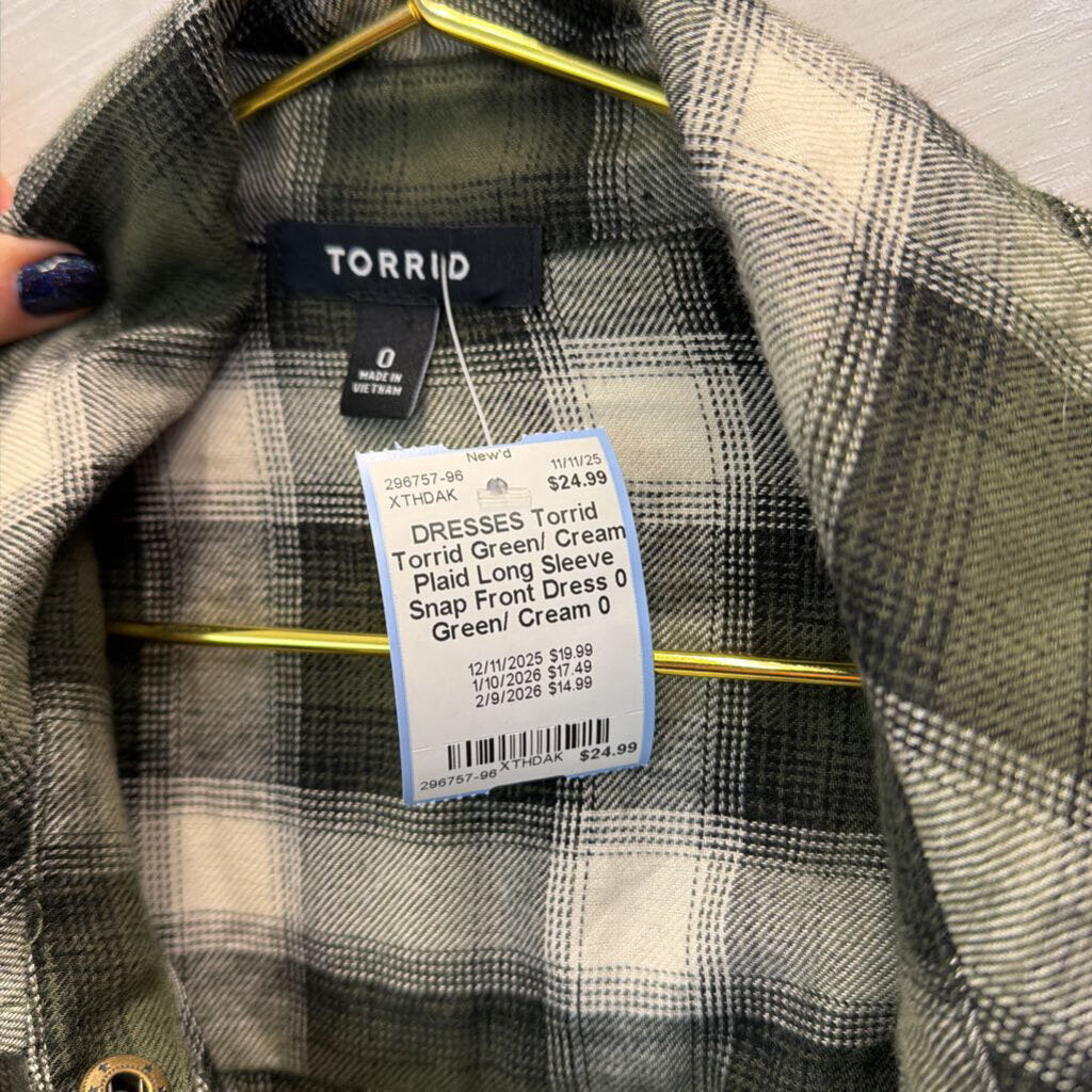 Torrid Green/ Cream Plaid Long Sleeve Snap Front Dress 0