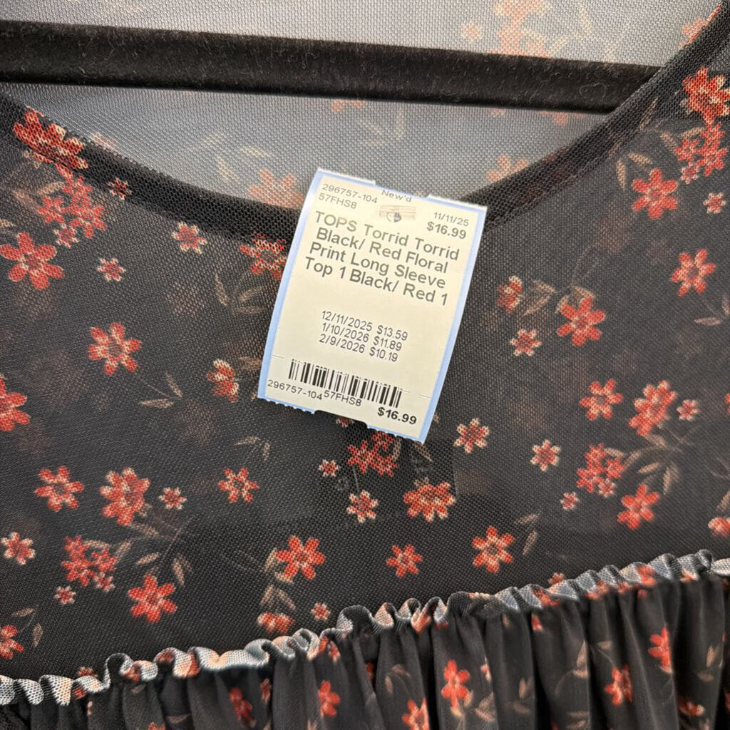 Torrid Black/ Red Floral Print Long Sleeve Top 1