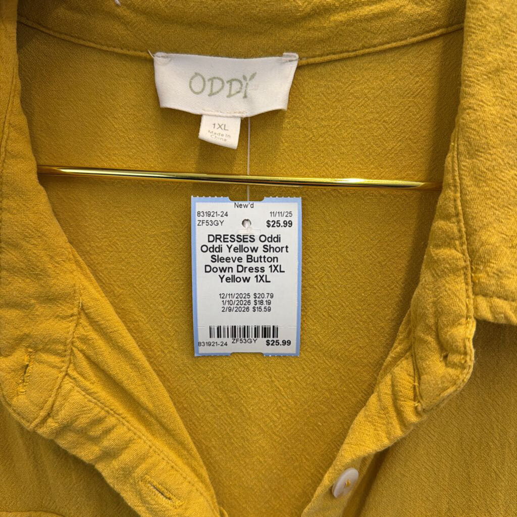 Oddi Yellow Short Sleeve Button Down Dress 1XL