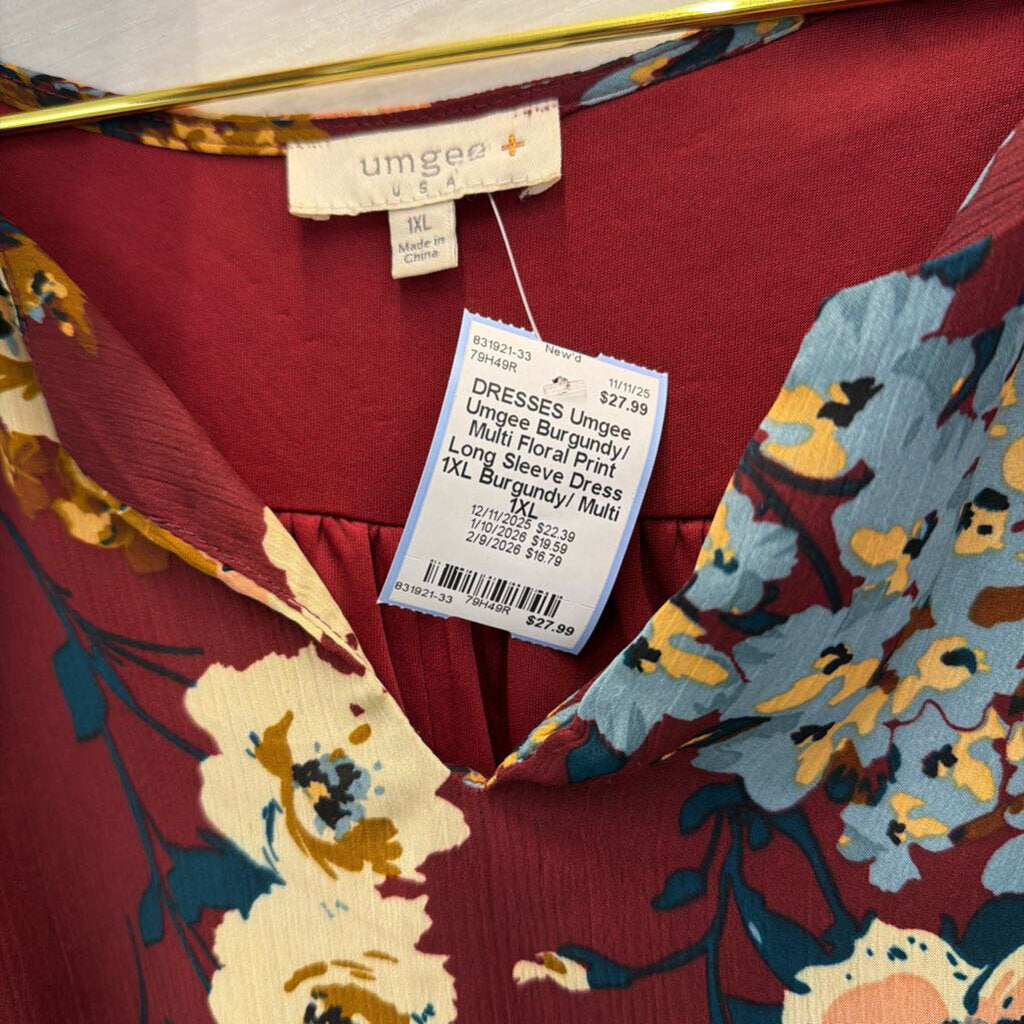 Umgee Burgundy/ Multi Floral Print Long Sleeve Dress 1XL