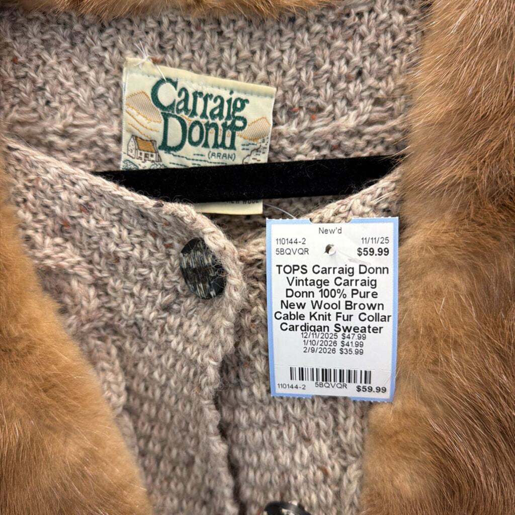 Vintage Carraig Donn 100% Pure New Wool Brown Cable Knit Fur Collar Cardigan Sweater Large