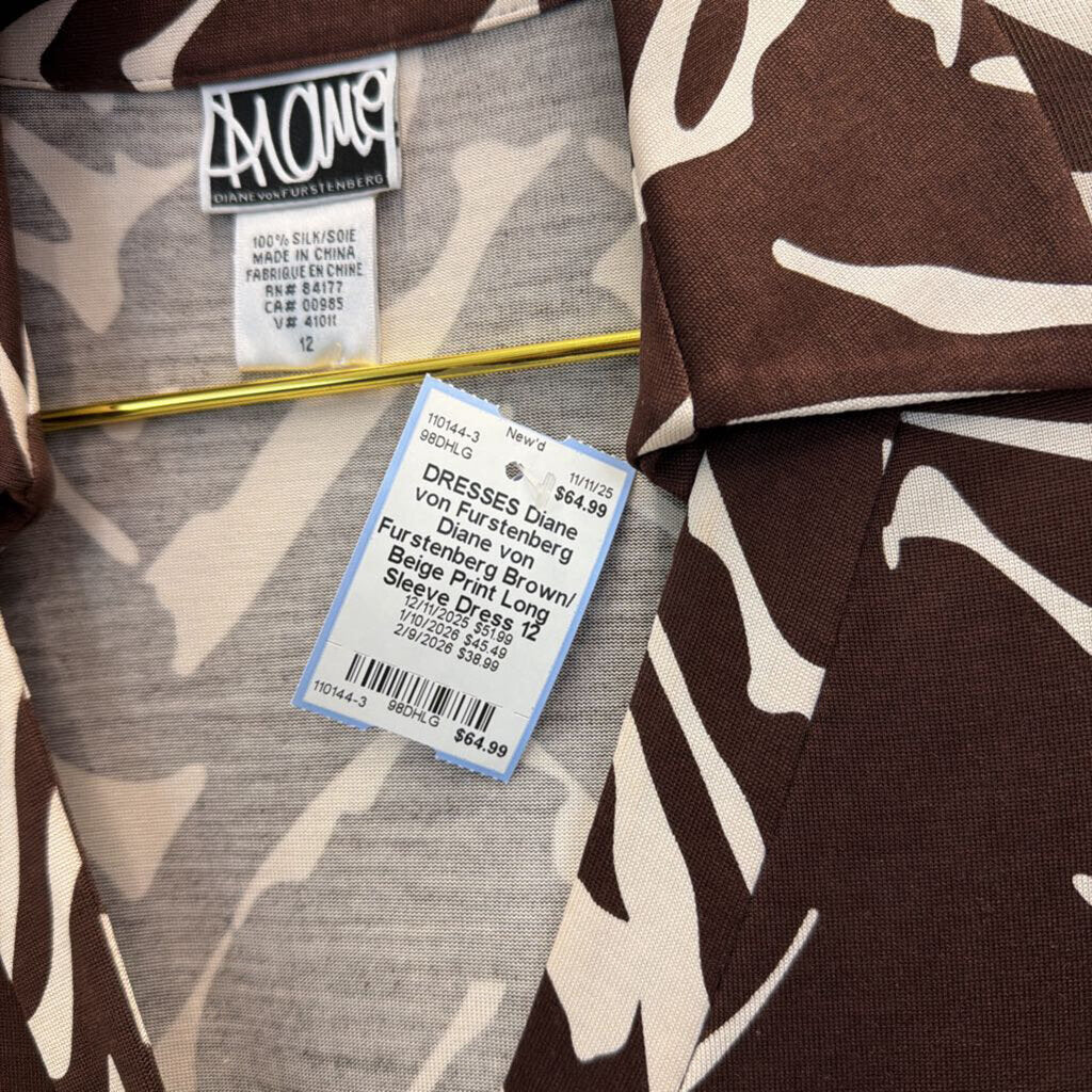 Diane von Furstenberg Brown/ Beige Print Long Sleeve Dress 12