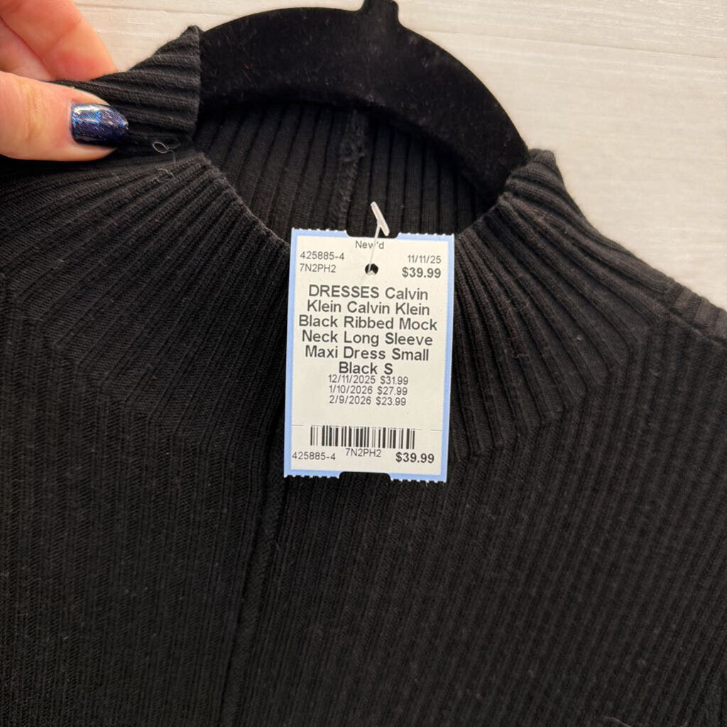 Calvin Klein Black Ribbed Mock Neck Long Sleeve Maxi Dress Small