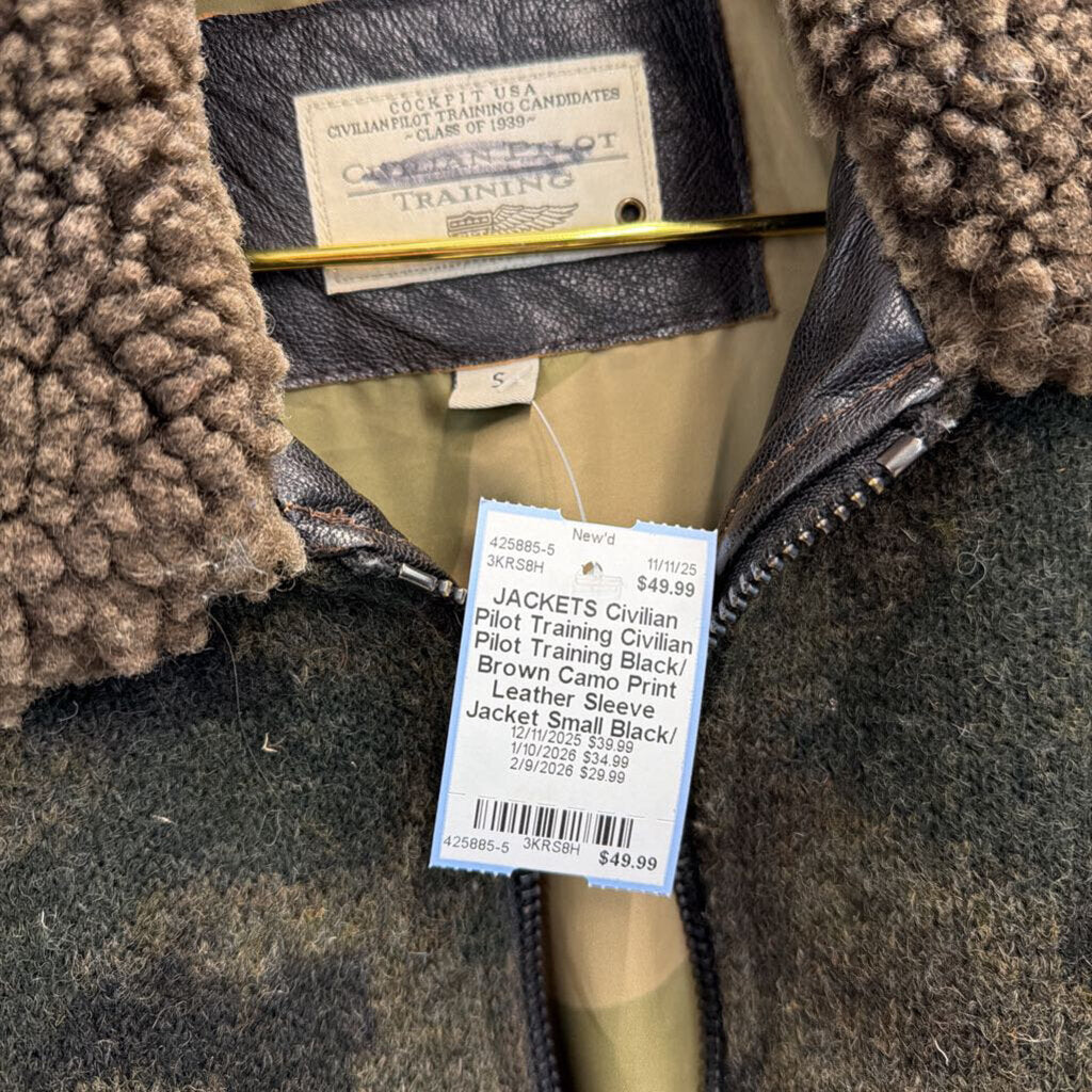 Civilian Pilot Training Black/ Brown Camo Print Leather Sleeve Jacket Small