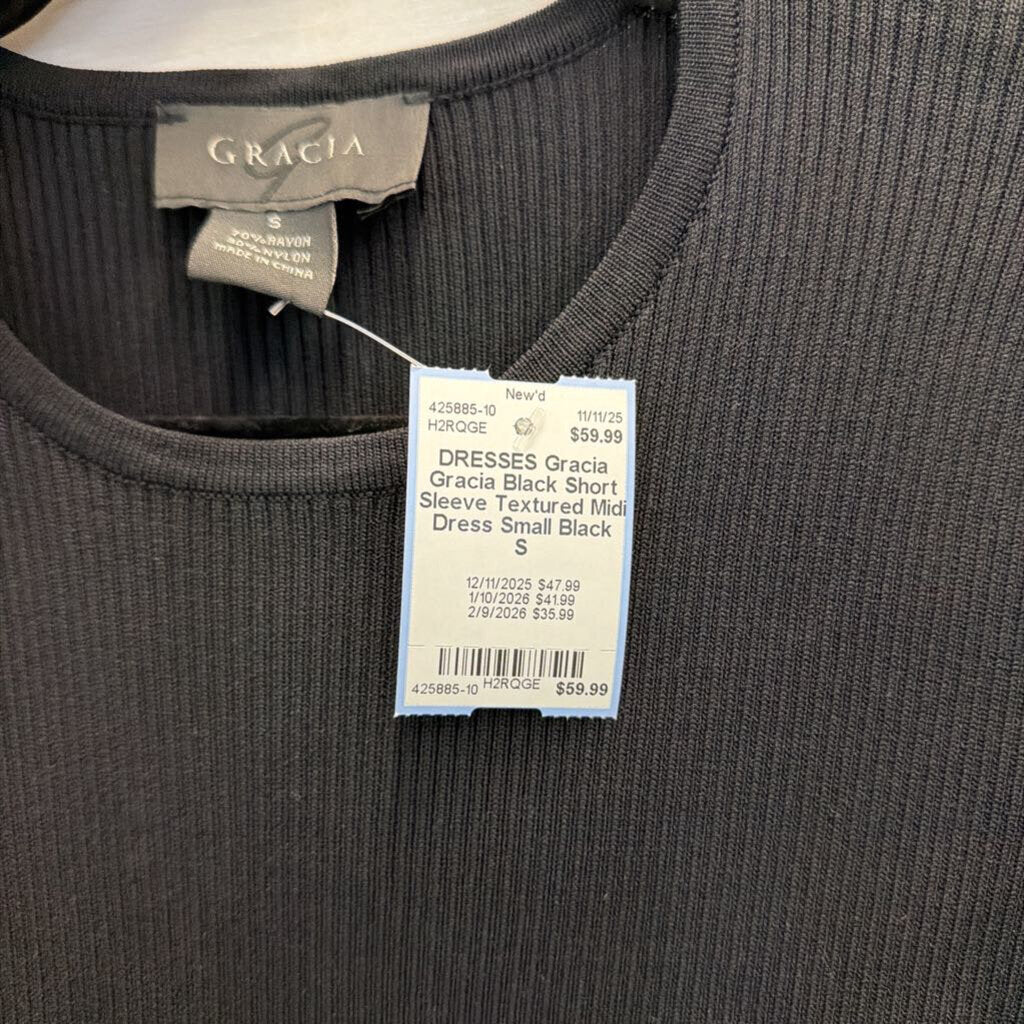 Gracia Black Short Sleeve Textured Midi Dress Small