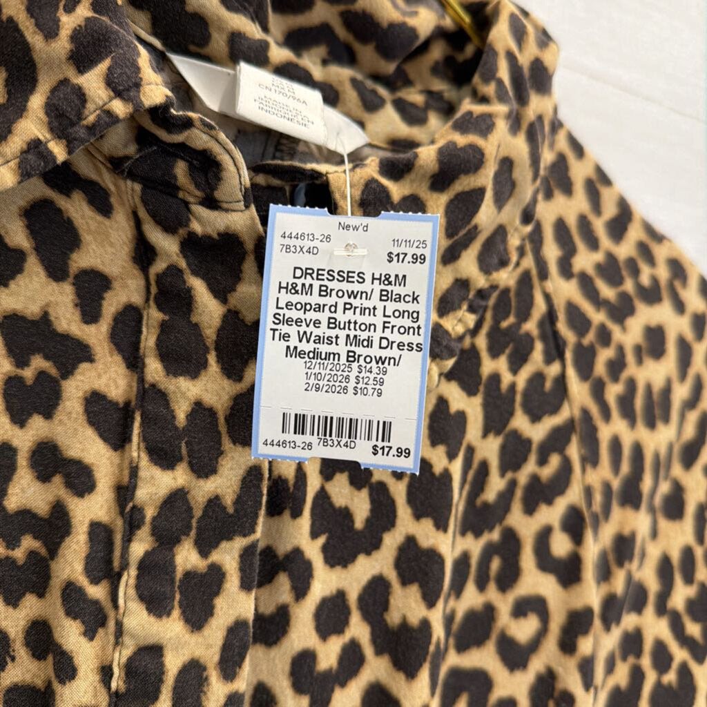 H&M Brown/ Black Leopard Print Long Sleeve Button Front Tie Waist Midi Dress Medium
