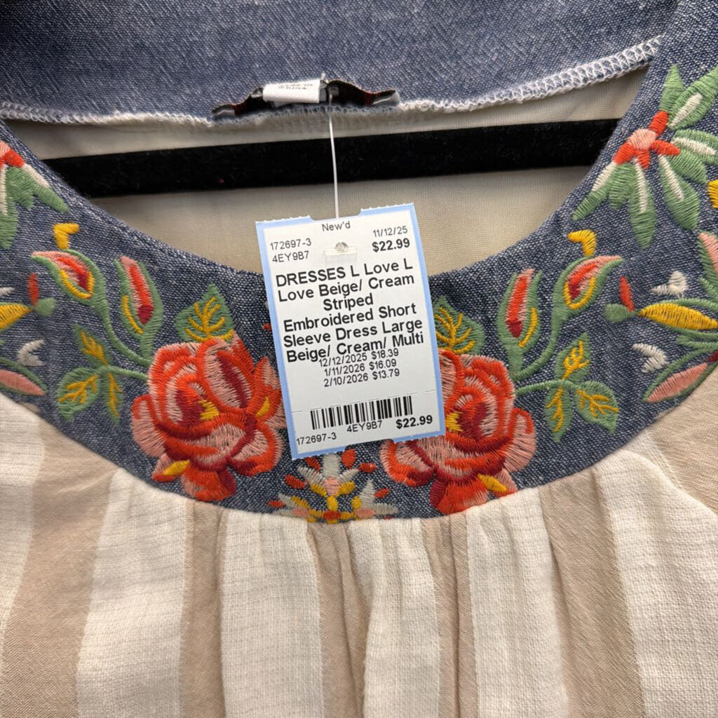 L Love Beige/ Cream Striped Embroidered Short Sleeve Dress Large