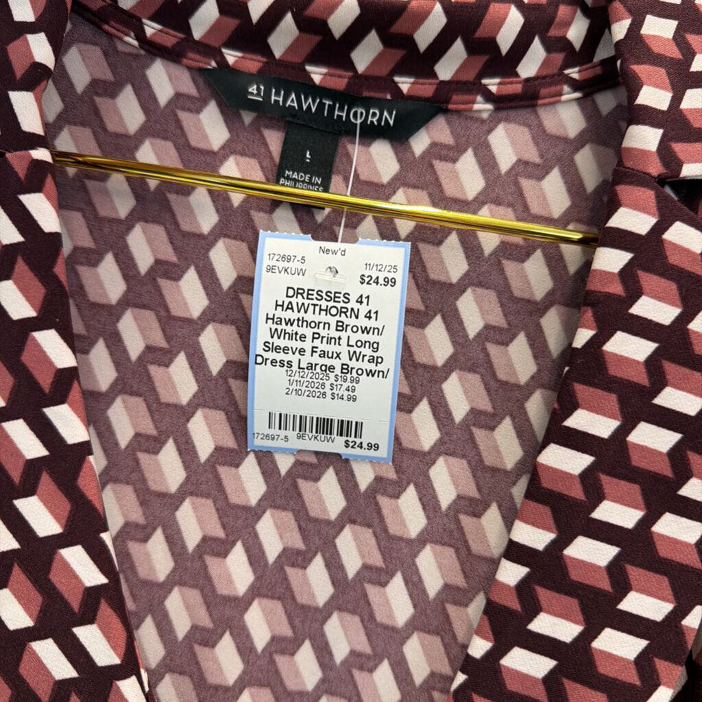 41 Hawthorn Brown/ White Print Long Sleeve Faux Wrap Dress Large