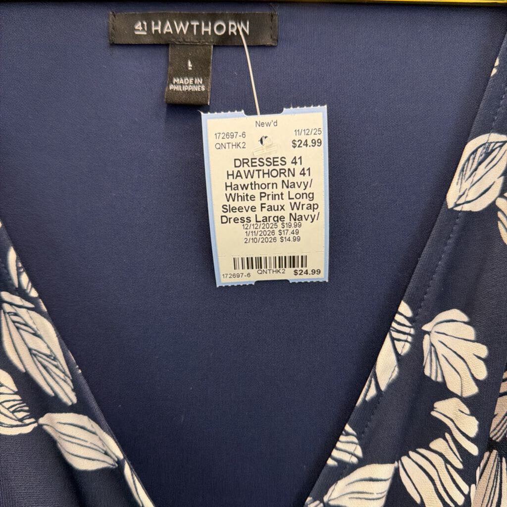 41 Hawthorn Navy/ White Print Long Sleeve Faux Wrap Dress Large