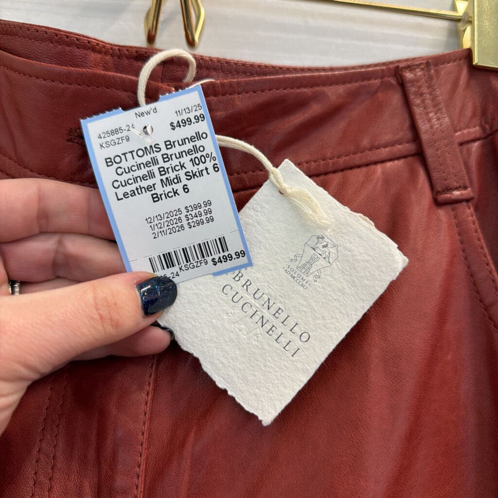Brunello Cucinelli Brick 100% Leather Midi Skirt 6