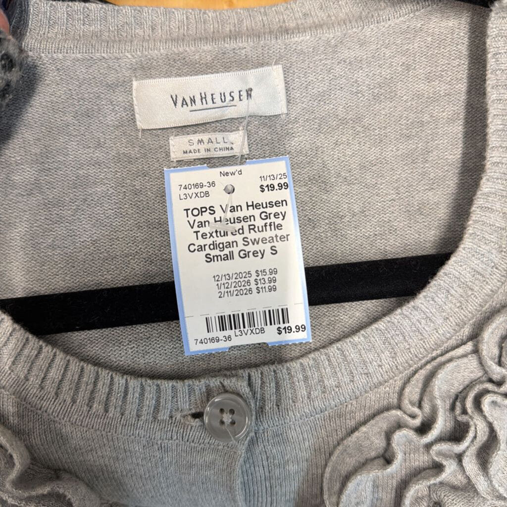 Van Heusen Grey Textured Ruffle Cardigan Sweater Small