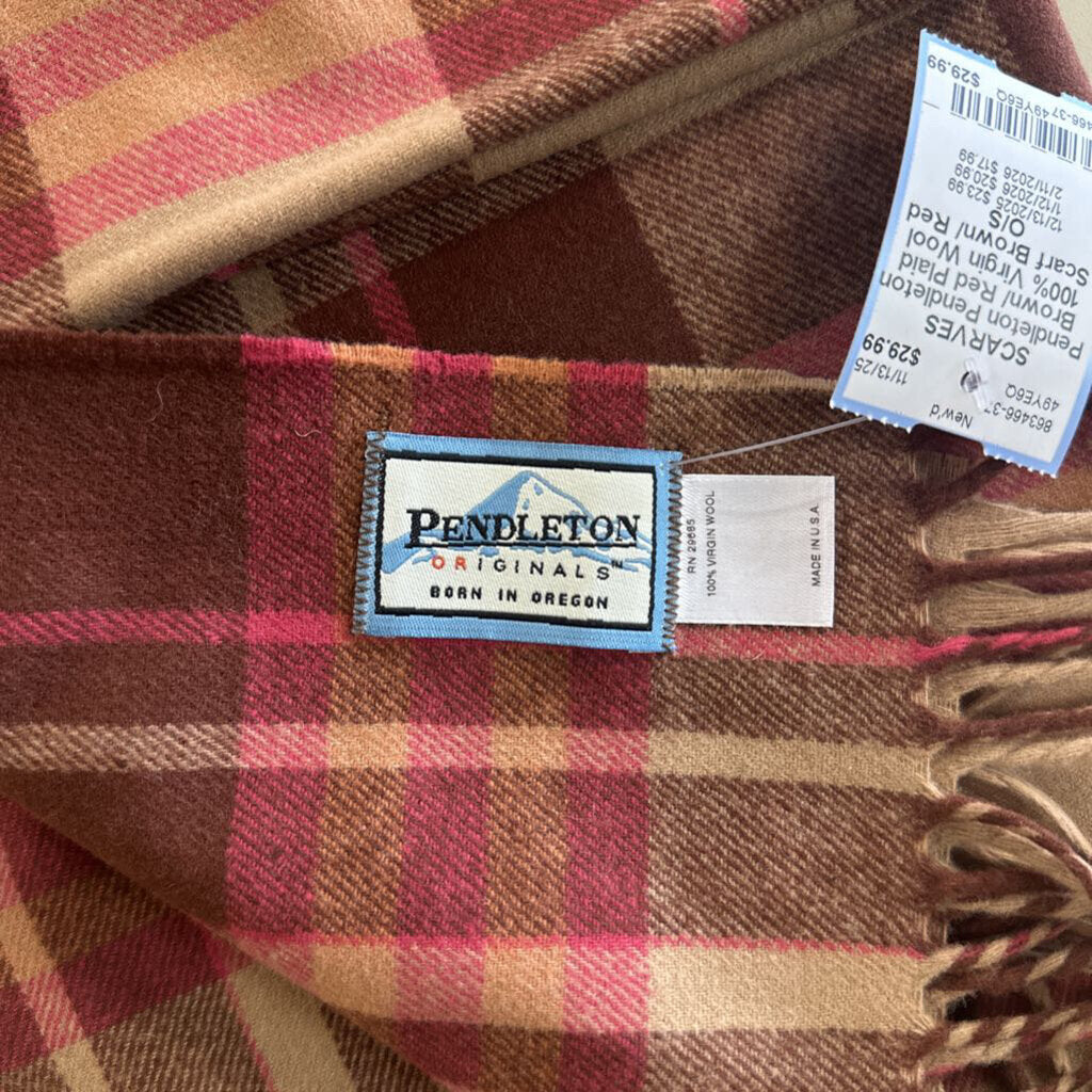 Pendleton Brown/ Red Plaid 100% Virgin Wool Scarf