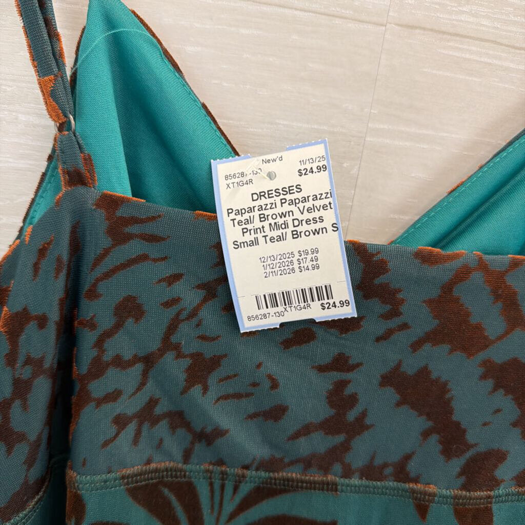 Paparazzi Teal/ Brown Velvet Print Midi Dress Small