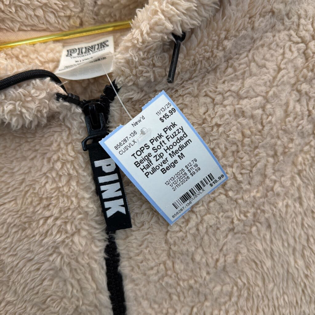 Pink Beige Soft Fuzzy Half Zip Hooded Pullover Medium