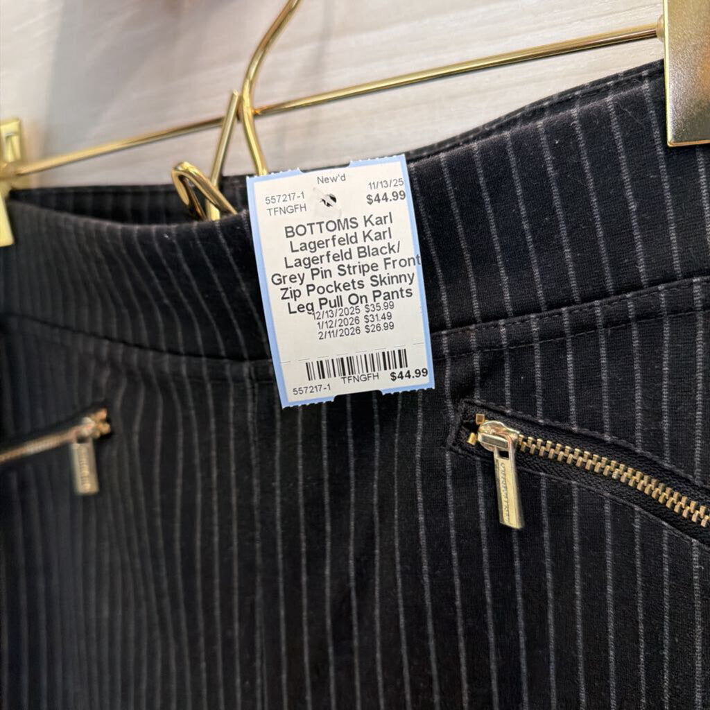 Karl Lagerfeld Black/ Grey Pin Stripe Front Zip Pockets Skinny Leg Pull On Pants Medium