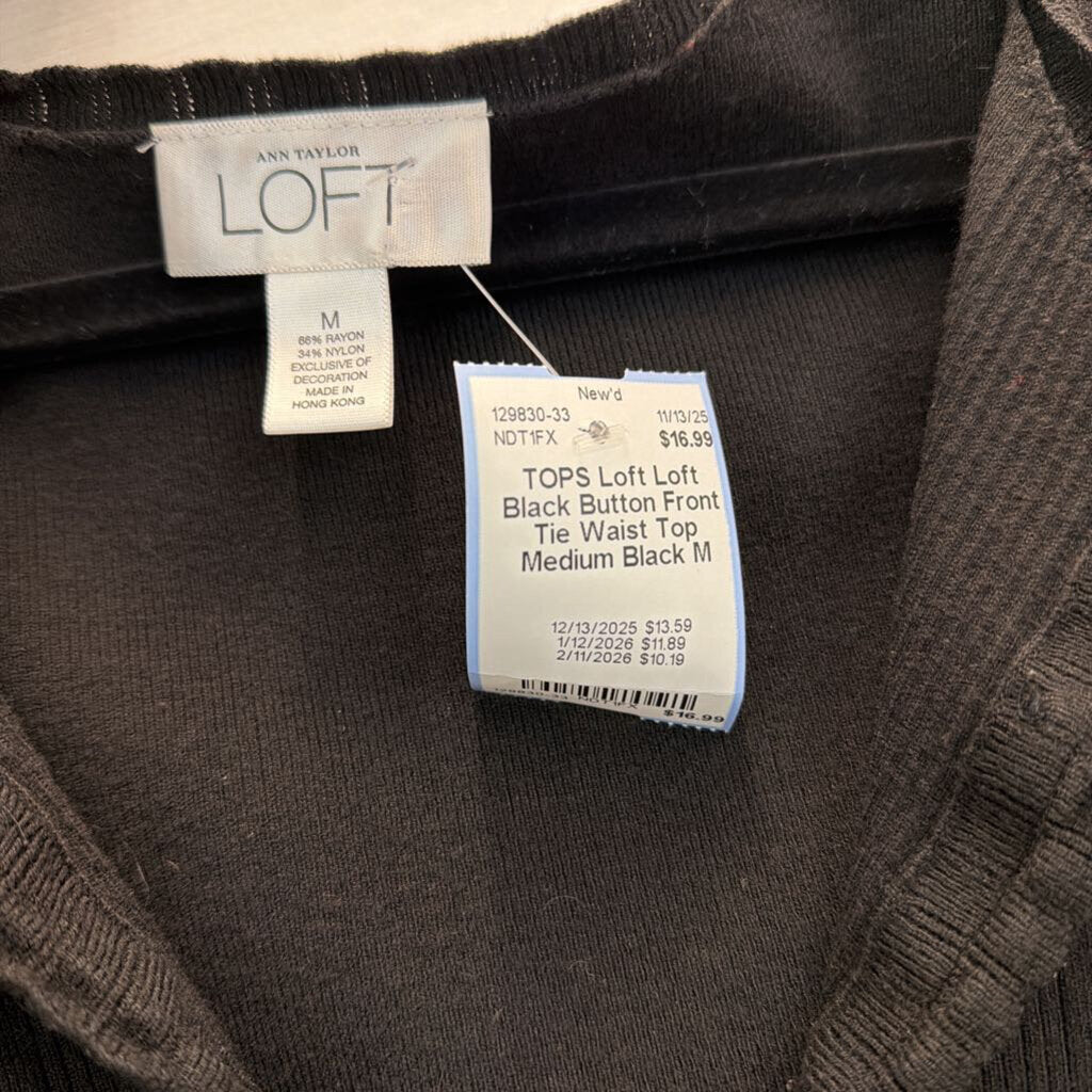 Loft Black Button Front Tie Waist Top Medium