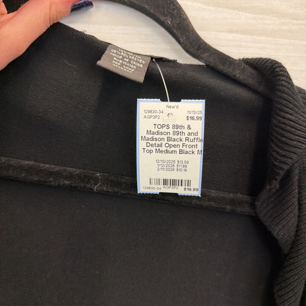 89th and Madison Black Ruffle Detail Open Front Top Medium