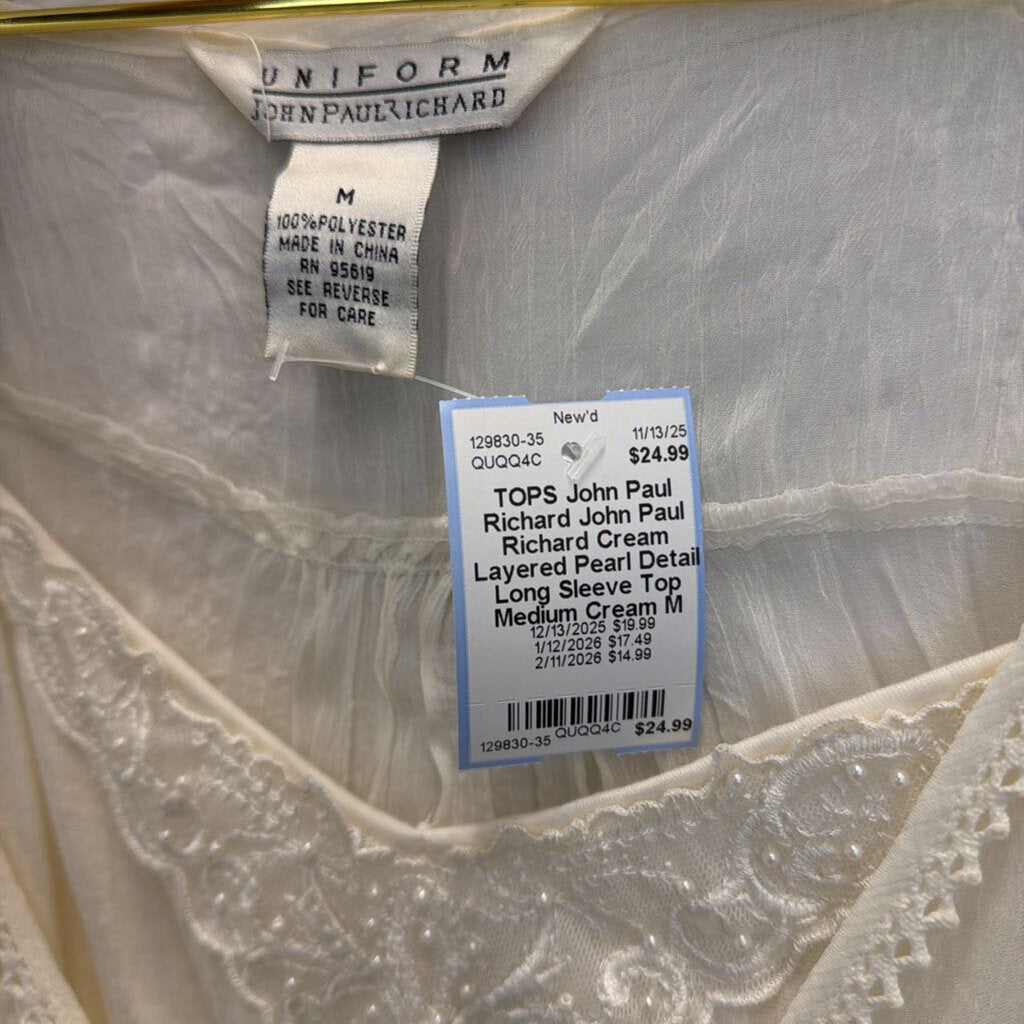 John Paul Richard Cream Layered Pearl Detail Long Sleeve Top Medium