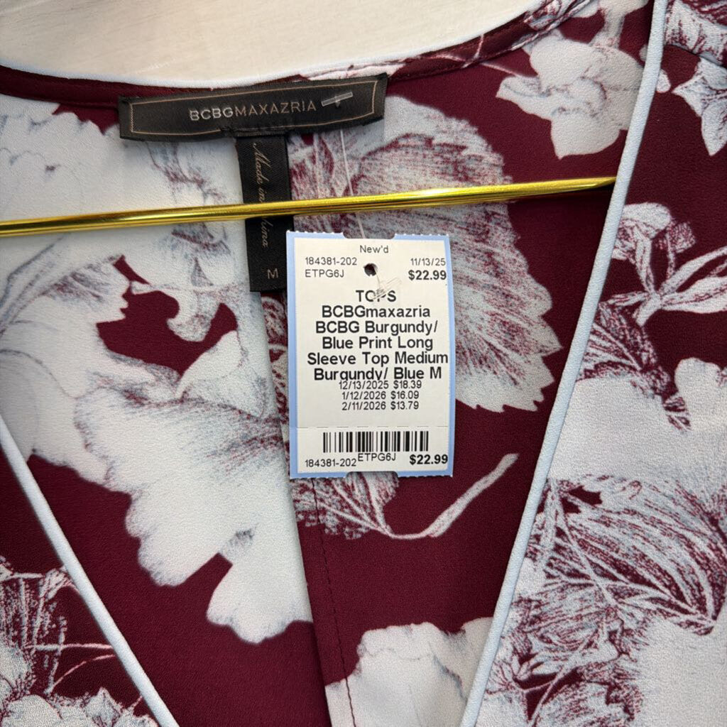 BCBG Burgundy/ Blue Print Long Sleeve Top Medium