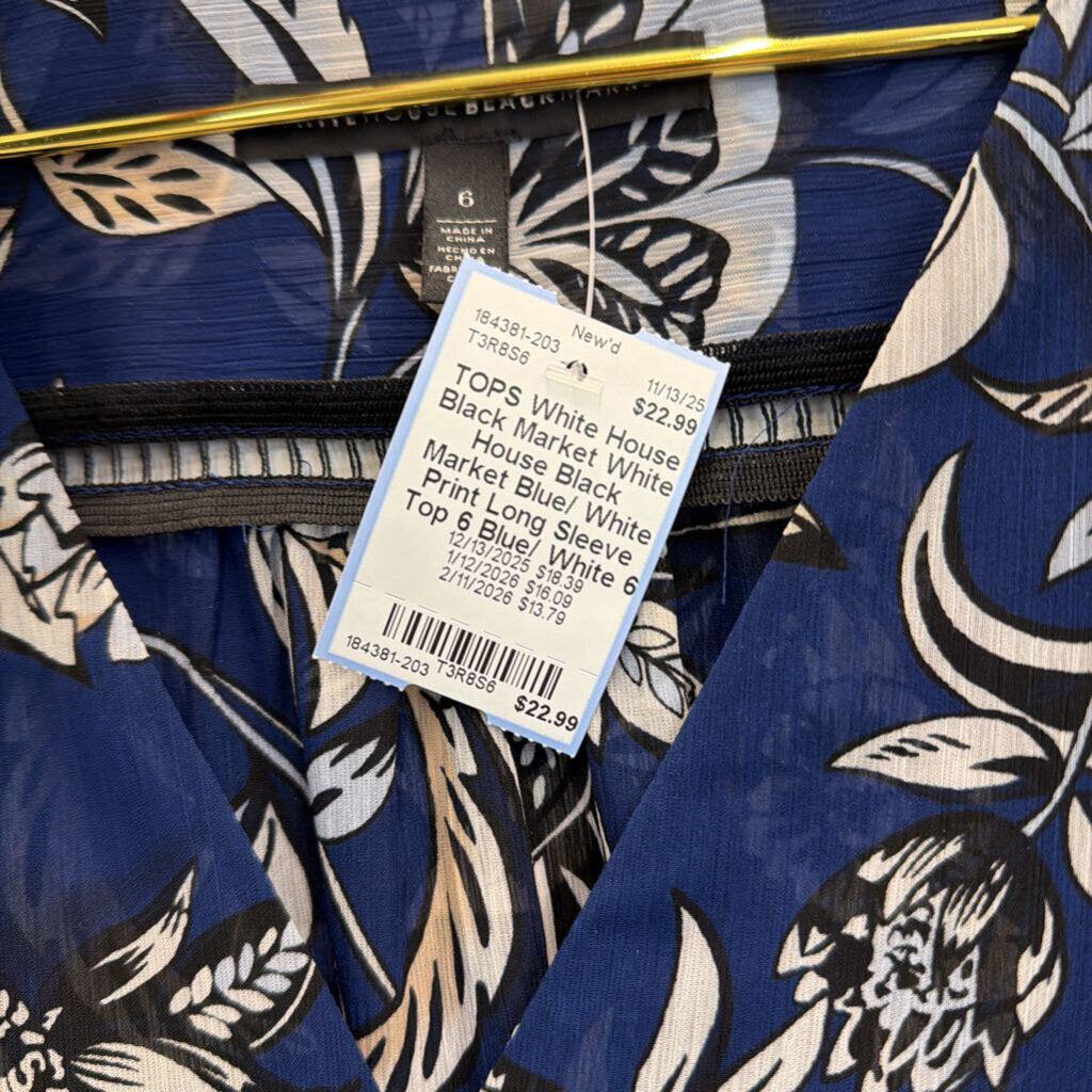 White House Black Market Blue/ White Print Long Sleeve Top 6