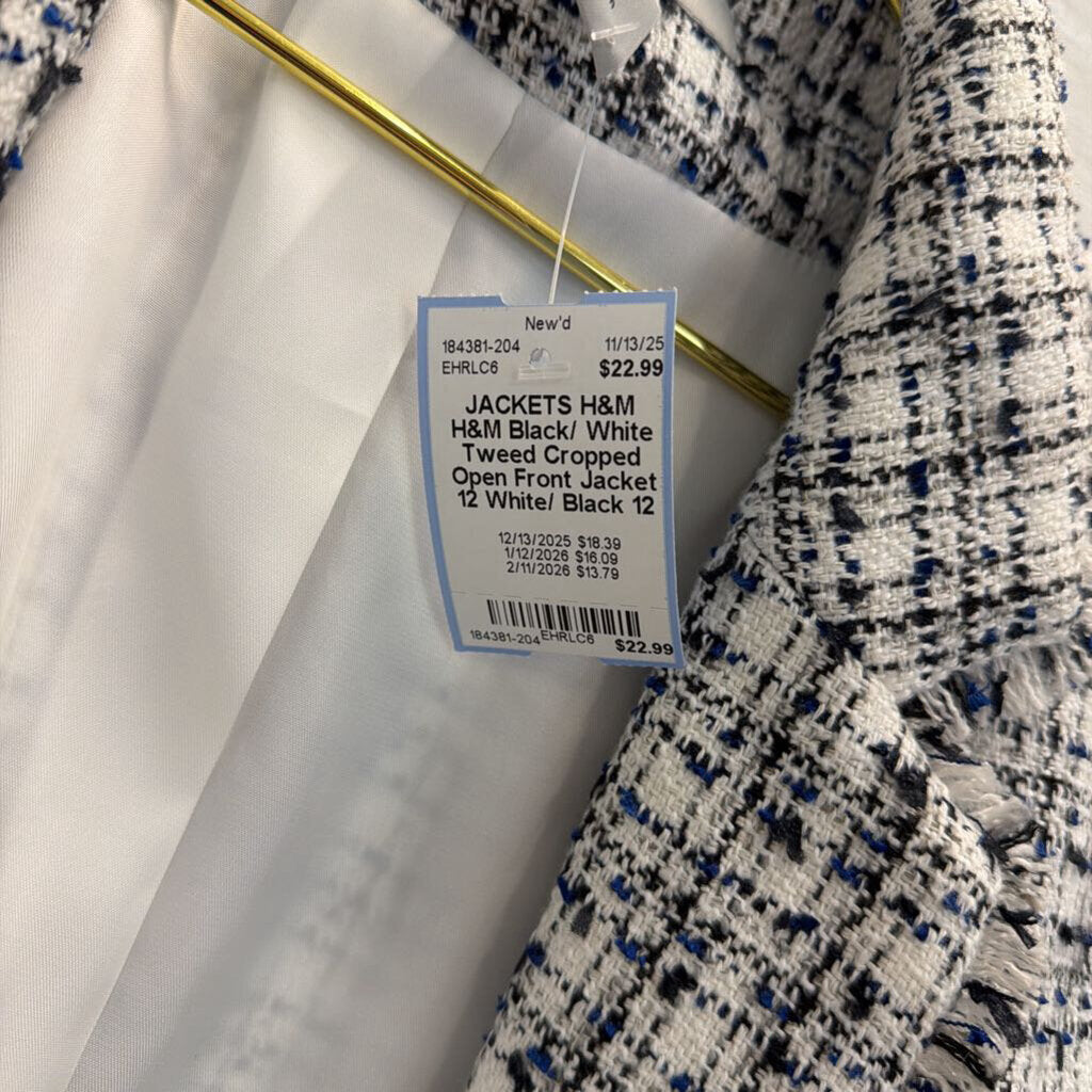 H&M Black/ White Tweed Cropped Open Front Jacket 12