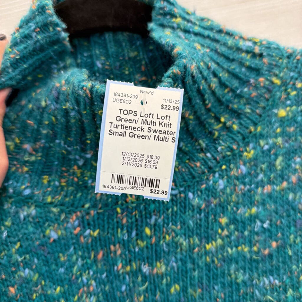 Loft Green/ Multi Knit Turtleneck Sweater Small