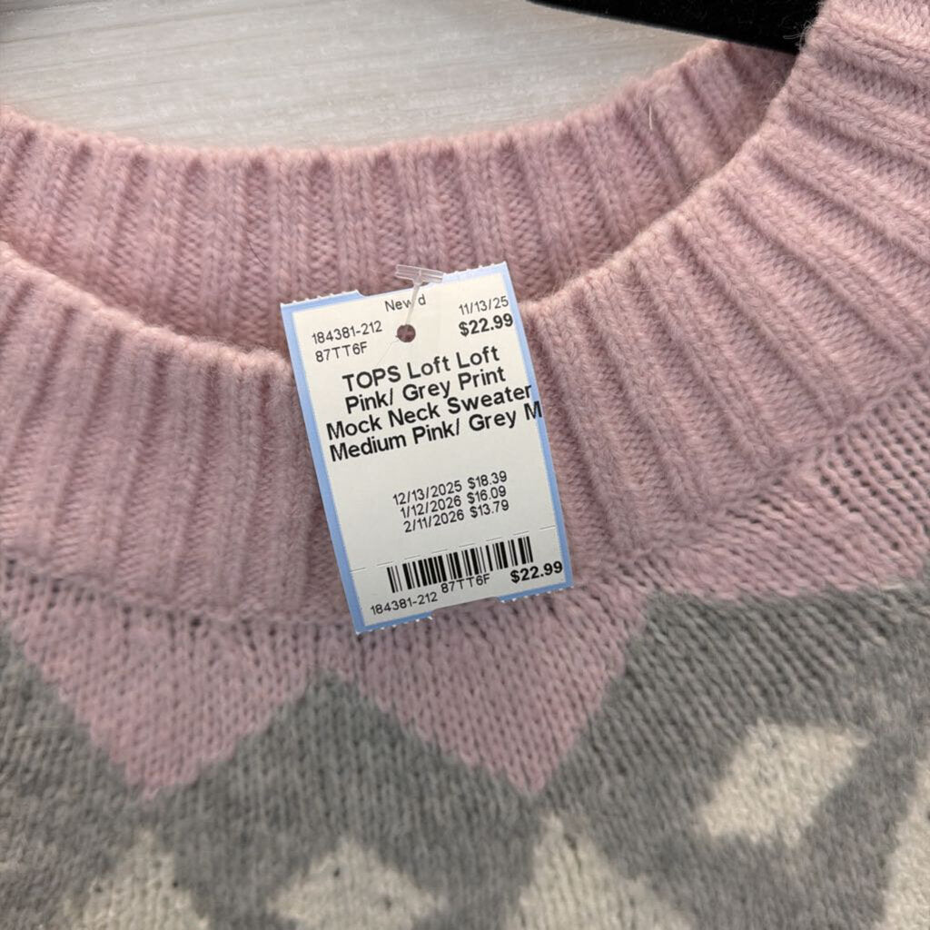 Loft Pink/ Grey Print Mock Neck Sweater Medium