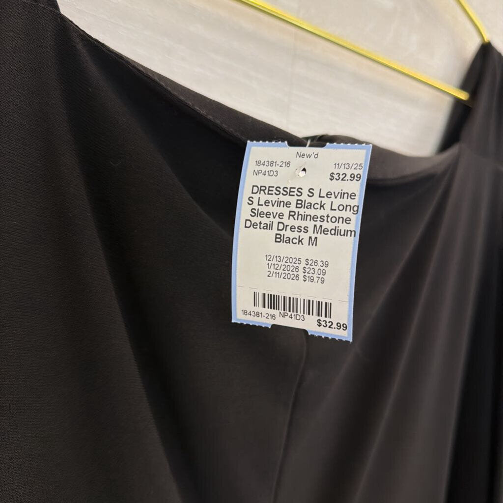 S Levine Black Long Sleeve Rhinestone Detail Dress Medium