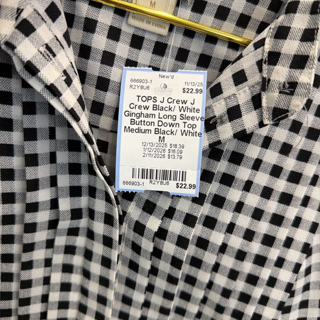 J Crew Black/ White Gingham Long Sleeve Button Down Top Medium