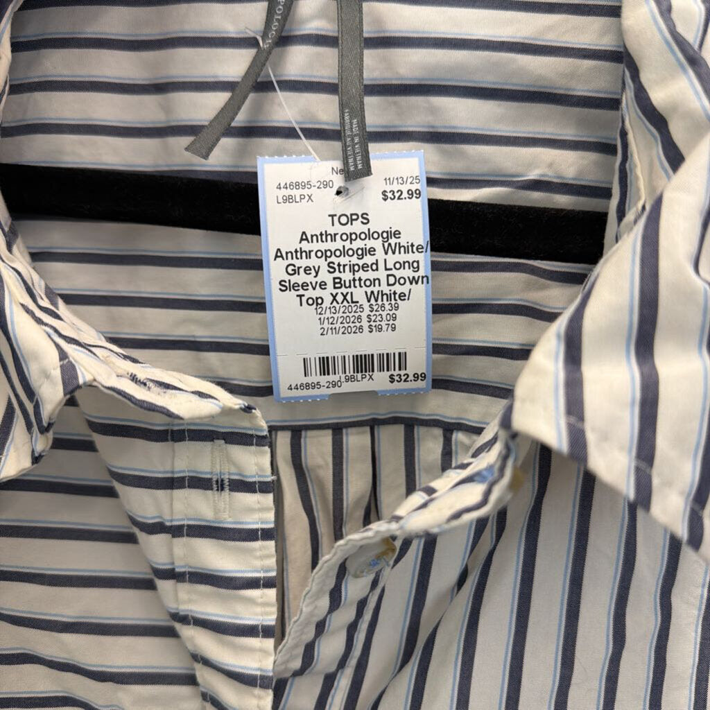 Anthropologie White/ Grey Striped Long Sleeve Button Down Top XXL