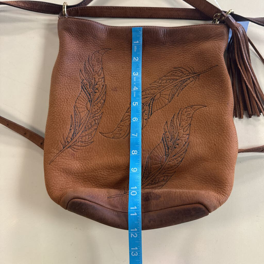 Hobo Inked Hide Brown Leather Feather Print Crossbody Purse