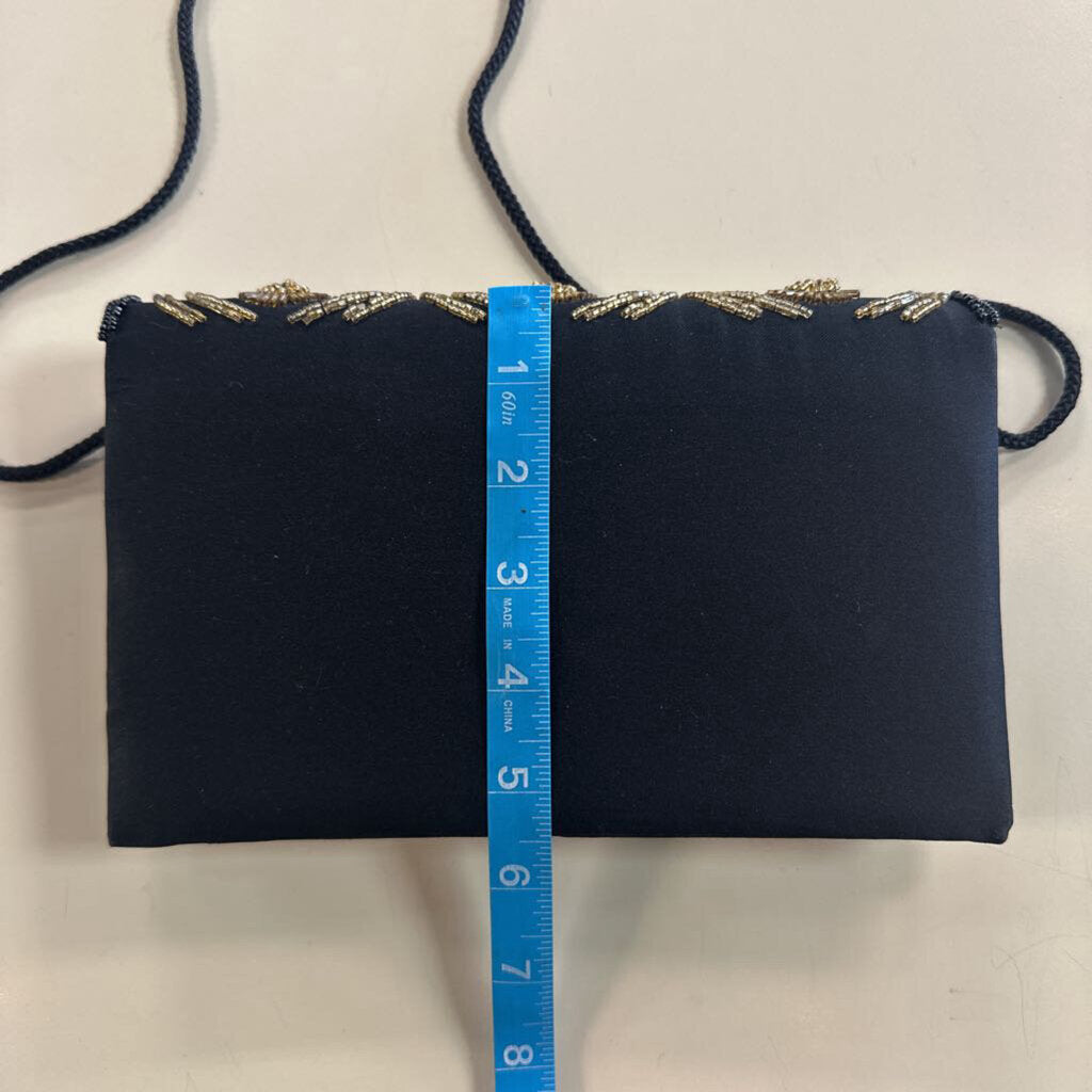 Courtenay Black Satin Gold Beaded Detail Purse