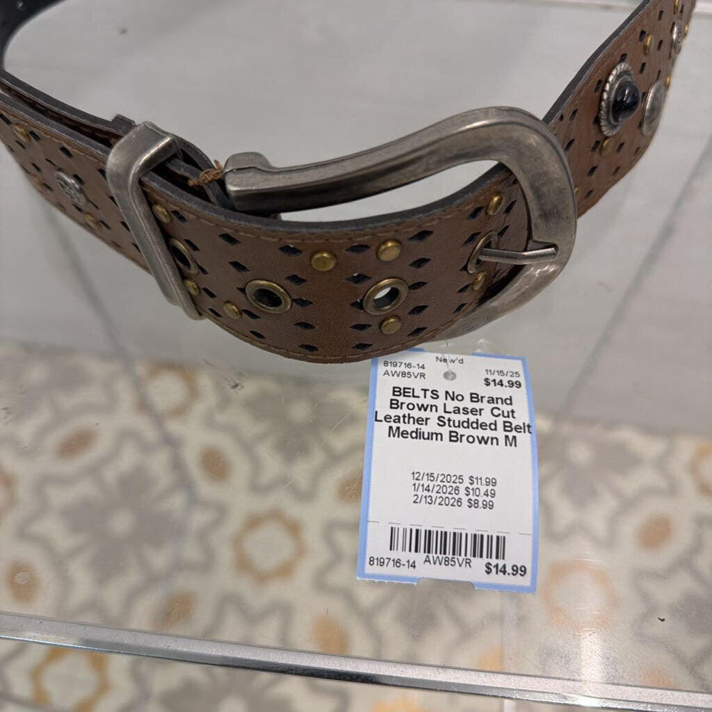 Brown Laser Cut Leather Studded Belt Medium