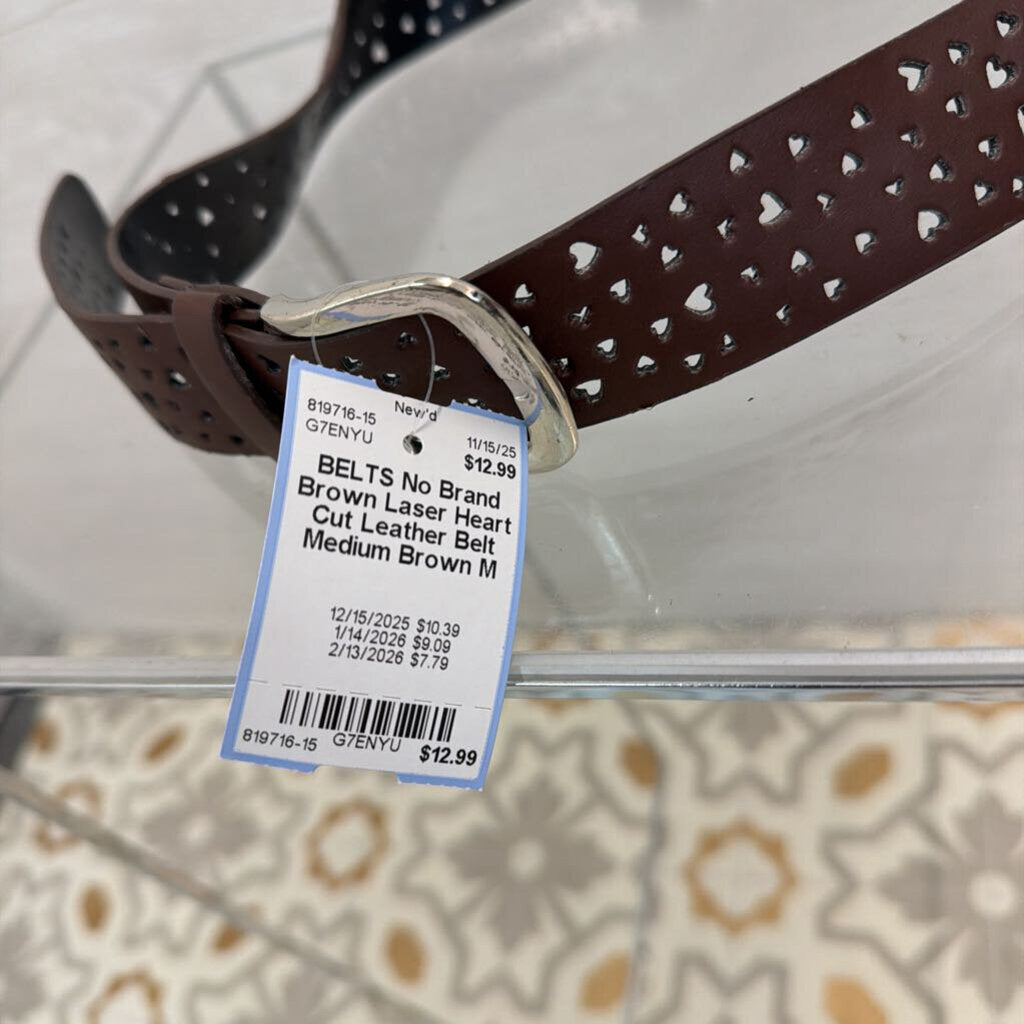 Brown Laser Heart Cut Leather Belt Medium