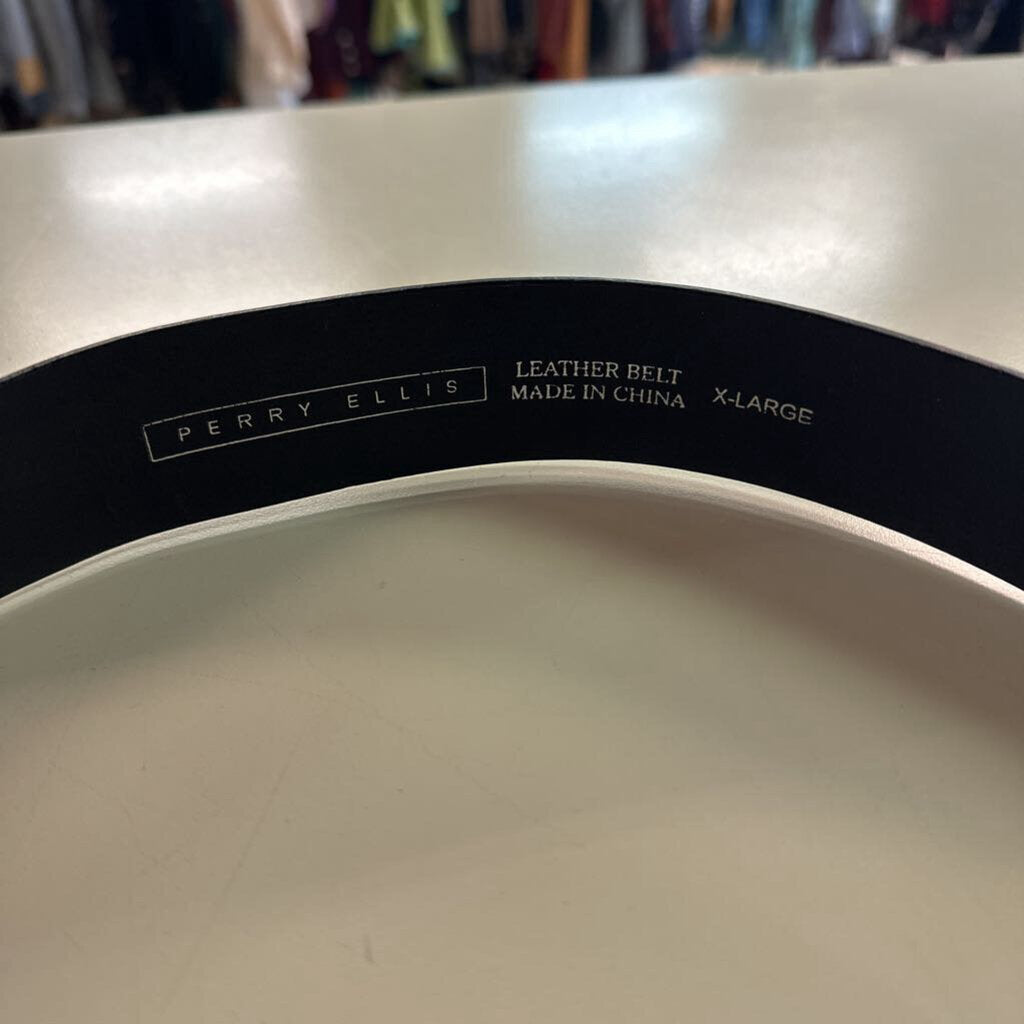 Perry Ellis Black Leather Beaded Medallion Buckle Belt Extra Large