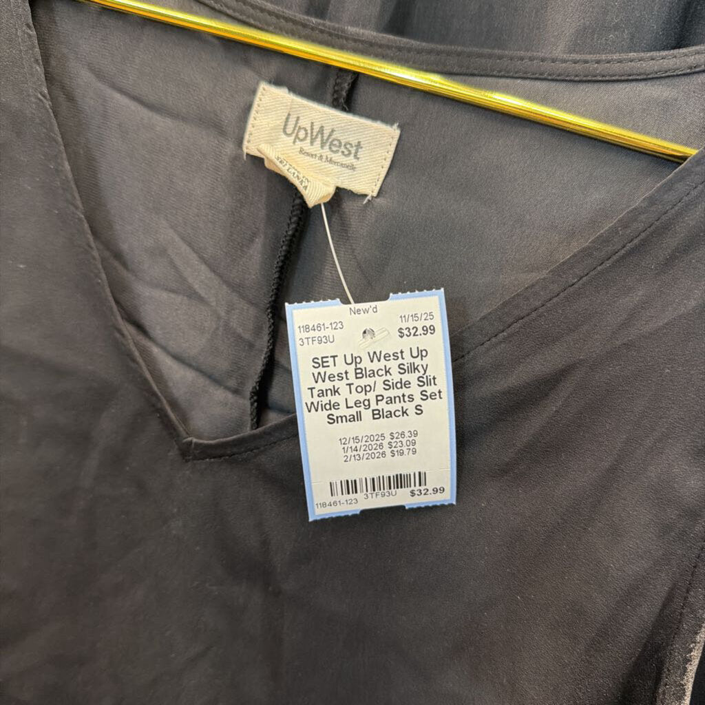 Up West Black Silky Tank Top/ Side Slit Wide Leg Pants Set Small