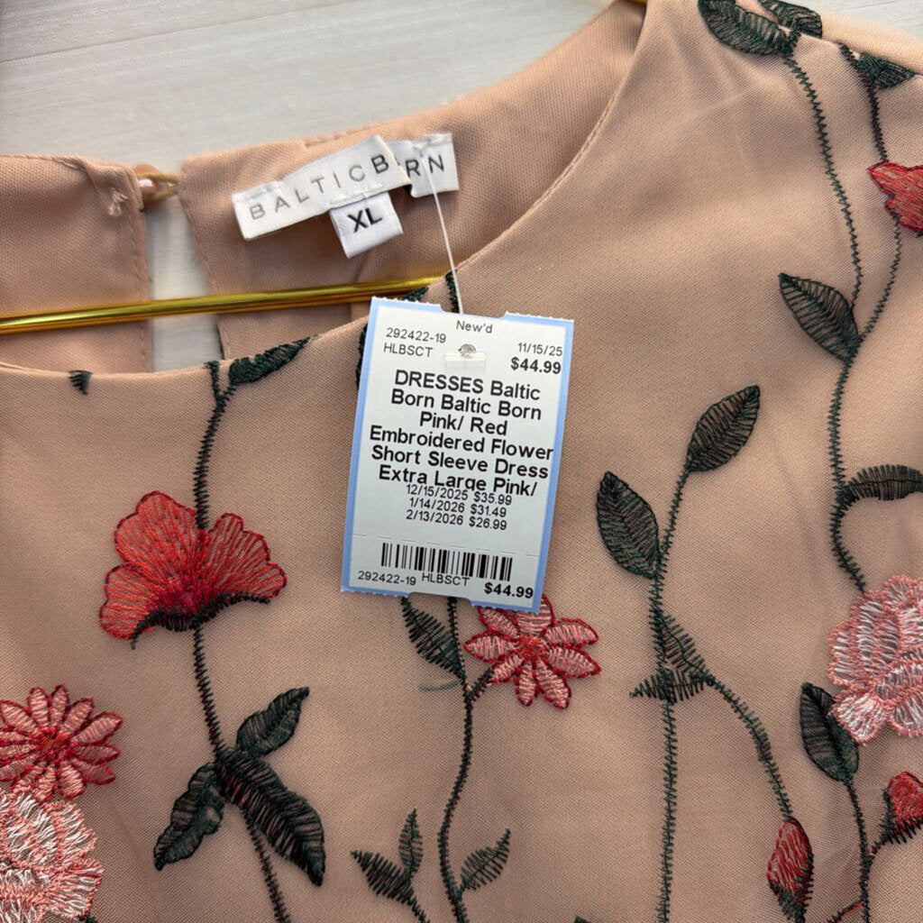 Baltic Born Pink/ Red Embroidered Flower Short Sleeve Dress Extra Large