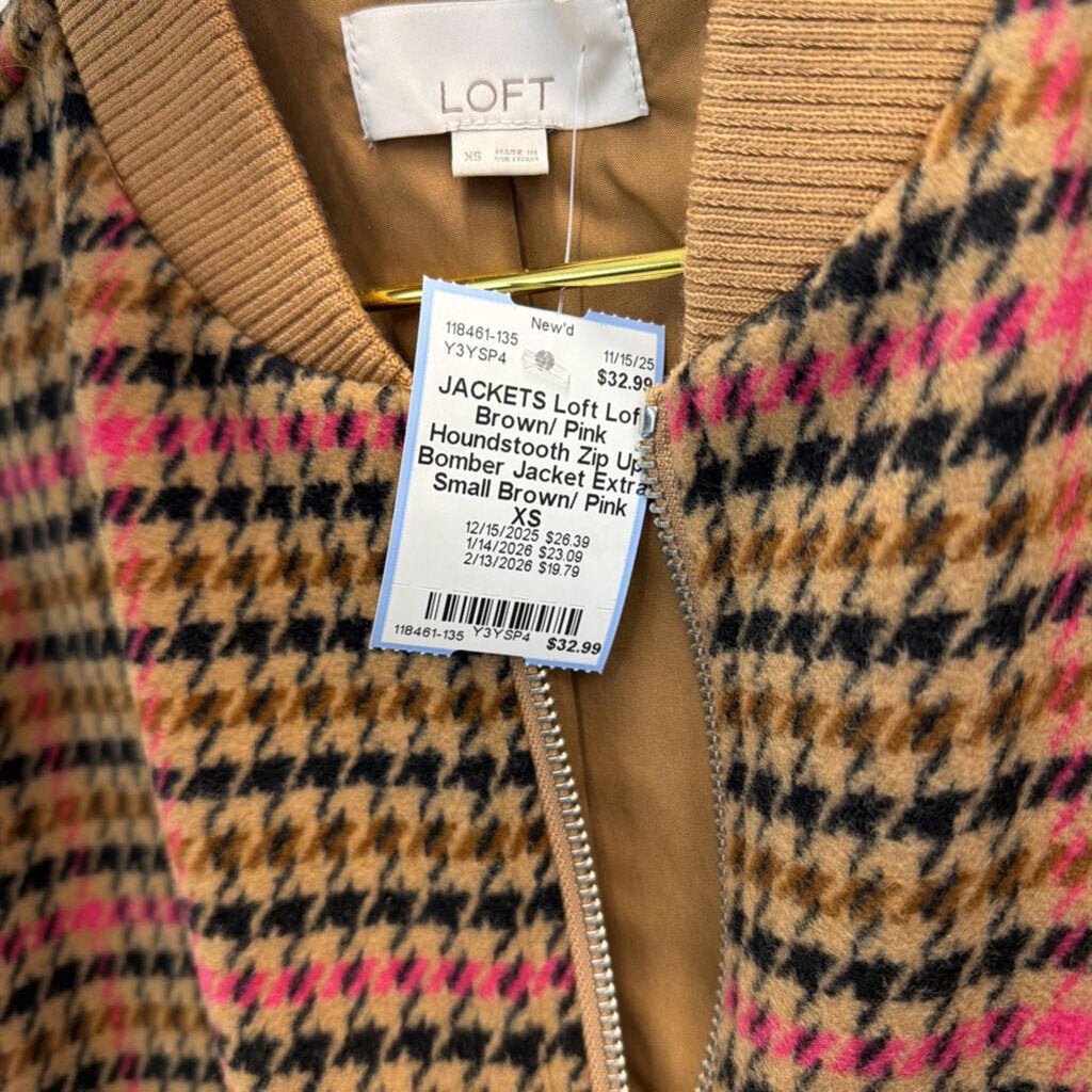 Loft Brown/ Pink Houndstooth Zip Up Bomber Jacket Extra Small