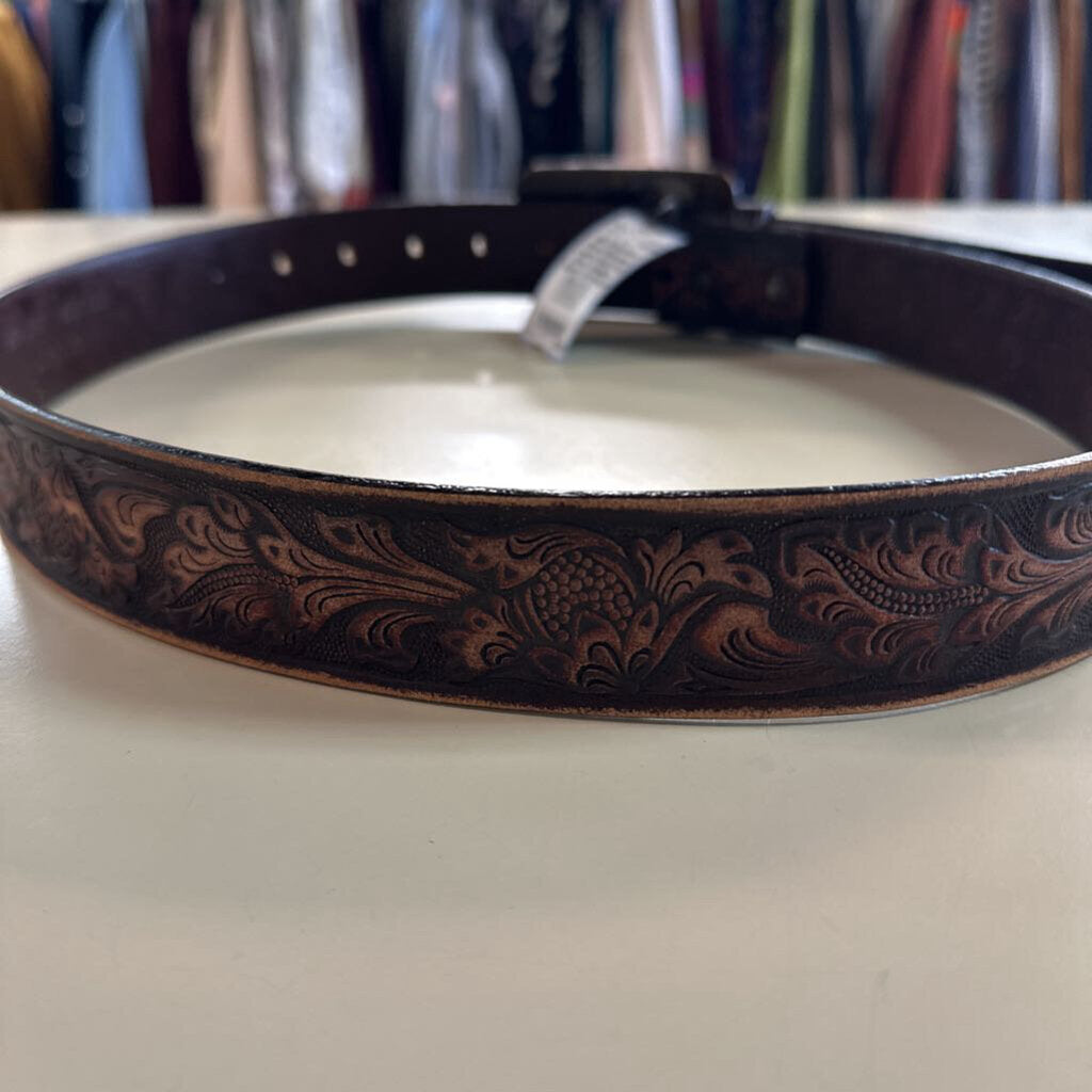 Brown Embossed Leather Gold/ Red Stone Medallion Buckle Belt Medium