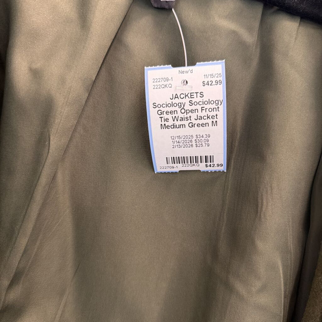 Sociology Green Open Front Tie Waist Jacket Medium