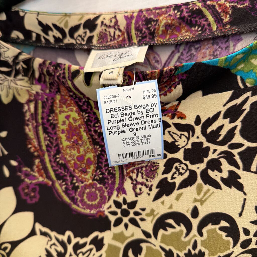 Beige by ECI Purple/ Green Print Long Sleeve Dress 8