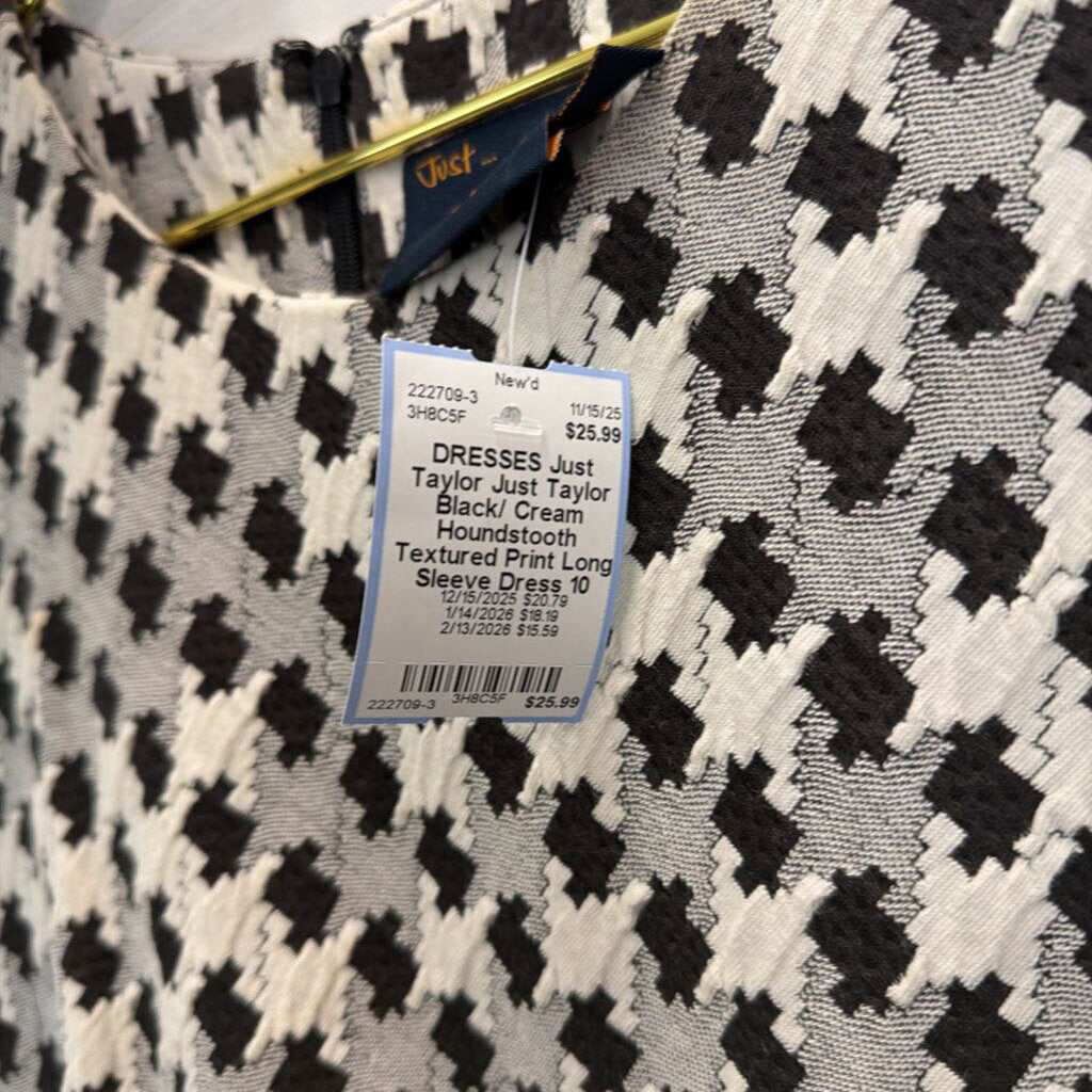 Just Taylor Black/ Cream Houndstooth Textured Print Long Sleeve Dress 10