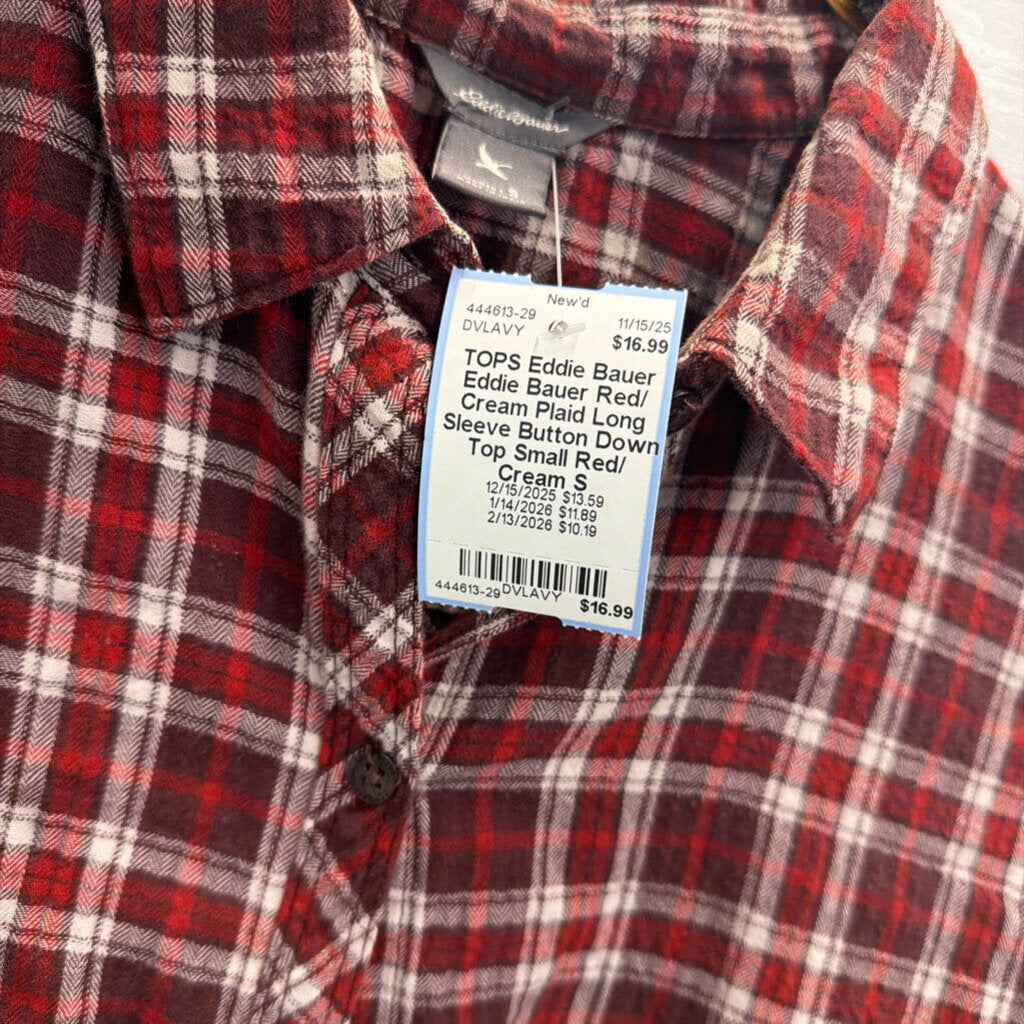 Eddie Bauer Red/ Cream Plaid Long Sleeve Button Down Top Small